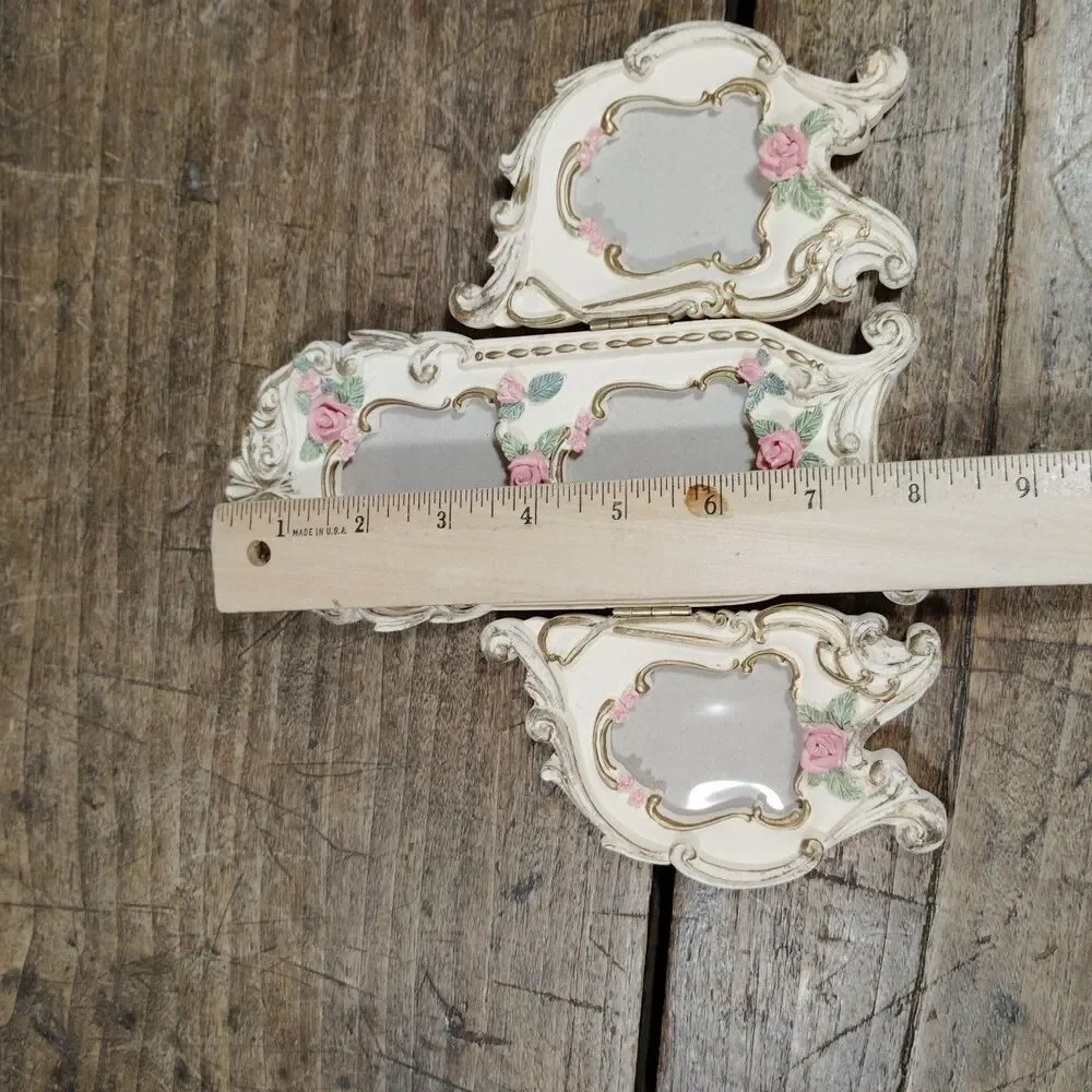 Vintage Victorian Photo Frame Roses Four Photos Floral Flowers Tri Fold Standing
